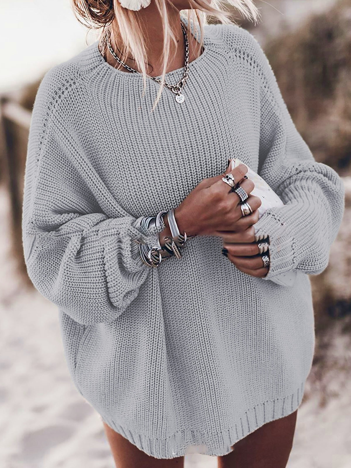 Sixsr plus size oversized sweater fall sweater for women Solid pink blue khaki purple pullover Long sleeve loose knitted sweater