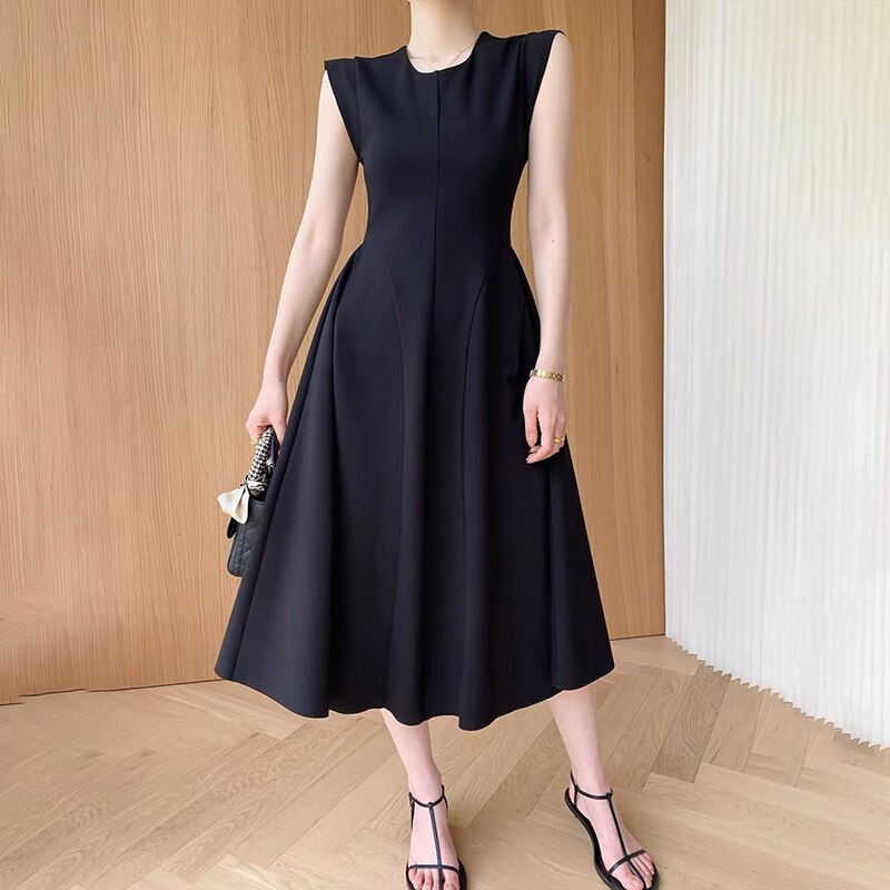 Sleeveless Summer Party Dress Women O-Neck High Waist Long Midi Dress Elegant A-Line Cotton Office Lady Hepburn Korean