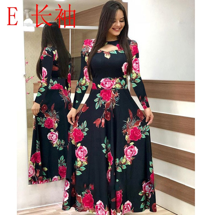 Sixsr S- 5XL Plus Size Elegant Oversized Tunic Women Dress Bohmia Flower Print Maxi Dresses Fashion Hollow Out Long Vestidos