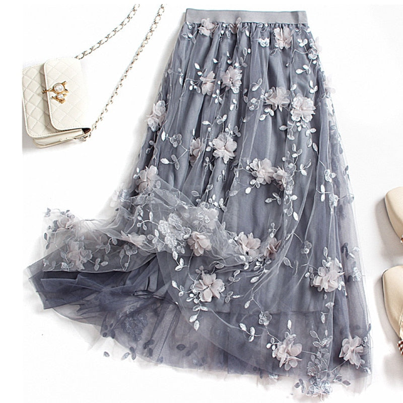 sixsr Luxury Woman Skirts Korean style Fashion Elastic Waist Appliques Embroidery Floral Mesh Skirt Long Gauze Ball Gown Skirt