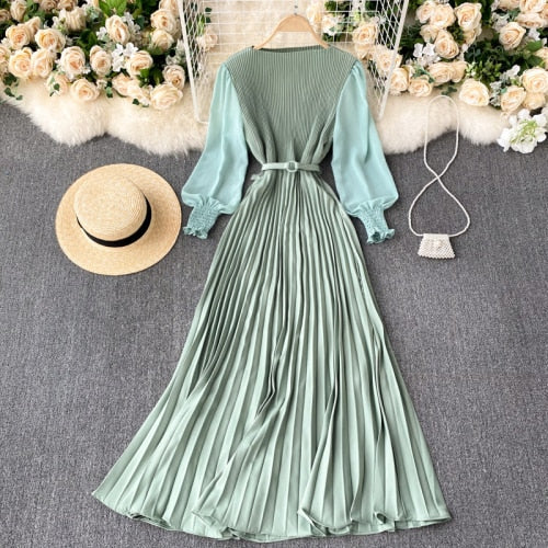 Sixsr Vintage Women Pleated Long Dress Female Elegant Lantern Long Sleeve High Waist Red/Purple Draped Maxi Vestidos Spring Autumn New