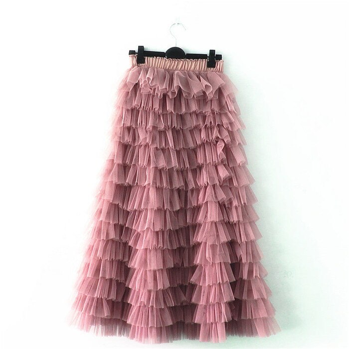 sixsr jupe femme ete Spring Party Skirt Elastic High Waist Long Tulle Skirt Women Multilayer ruffles Pink Mesh Tutu Skirt Ladies