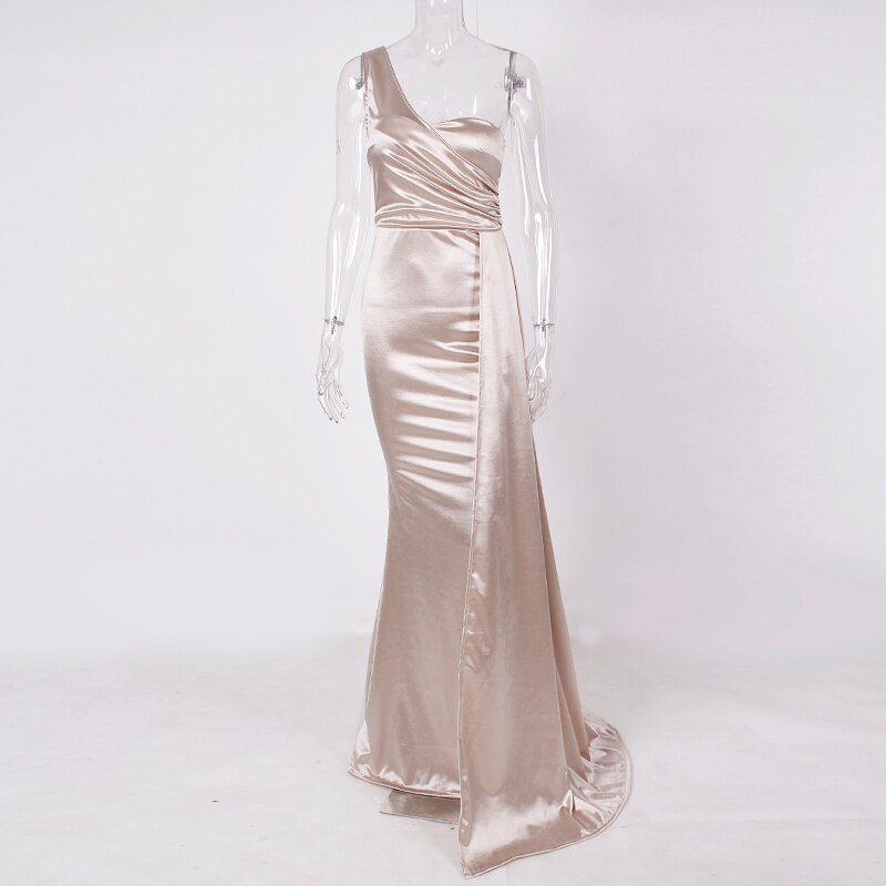 sixsr One Shoulder Padded Sexy Satin Maxi Dress Women's Evening Party Dress Gown with Ribbon Royal Blue Green Draped Long Dress