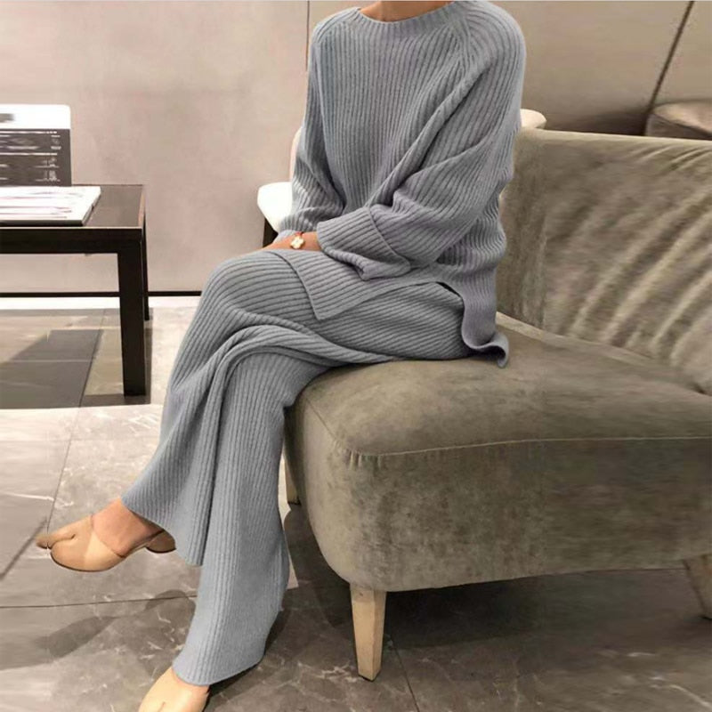 Sixsr New Fashion Homewear Women Soft 2 Piece Set Autumn Winter Solid O Neck Pullover Tops Knitted Pants Elegant Lady Pajama Home Suit