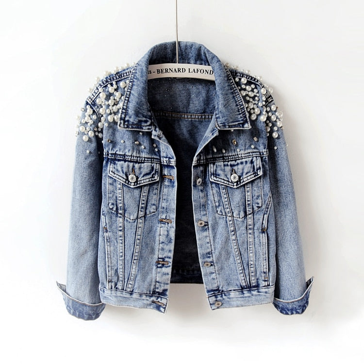 Sixsr Denim Jacket Women New Autumn Women's Jean Jackets Pearl Casual Denim Jacket Women Coat Long Sleeve Outerwear