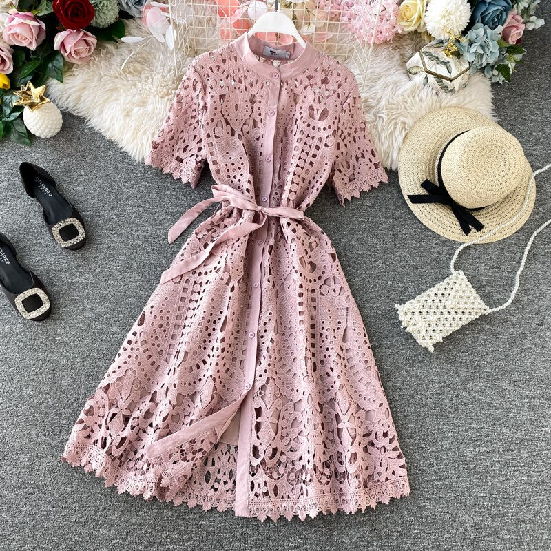 Sixsr Women Elegant Hollow Out Lace Dress Office Lady Summer Solid O-Neck Button up Sashes Midi Dress Female Chic Short Sleeve Dress