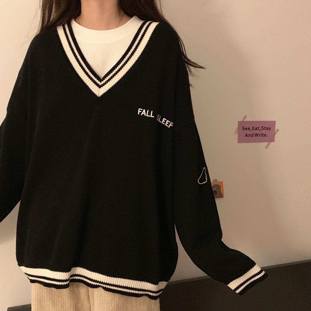 Sixsr  Fashion Trends Sweaters Women Ulzzang Letter Chic Vintage V-neck Daily Oversize Preppy Girls Knitwear Fall Casual All-match Ins Womens Sweater