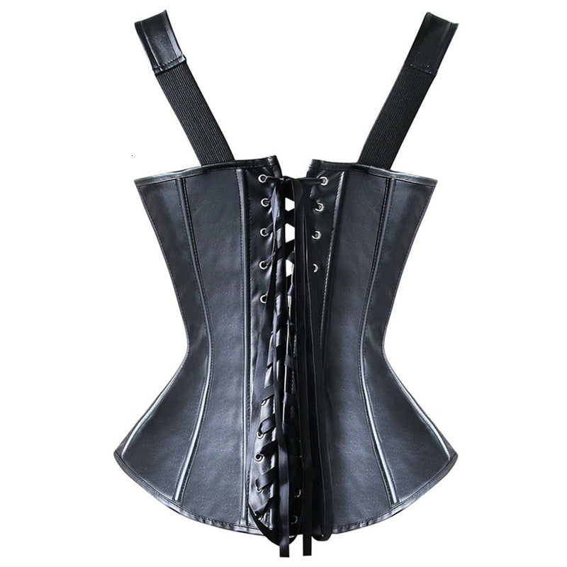 Faux Leather Corset Top Shoulder Strap Corselet Black Zipper Buckled Bustier Waist Trainer Vest Corset Overbust Women Steampunk