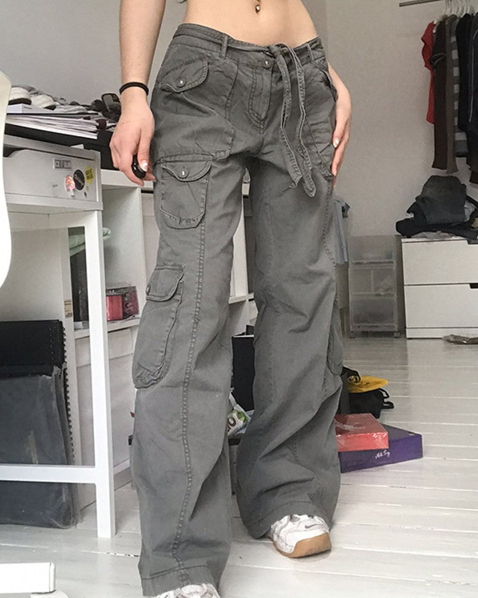 Sixsr Fashion Women's Jeans Y2K High Street Waist Denim Trousers Drawstring Waist Flap Pocket Baggy Jeans Loose Women's Classic Pants