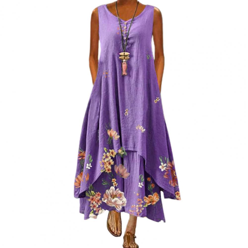 Sixsr Summer Dress Plus Size Floral Print Irregular Hem Women Buttons Round Neck Dress Women's Clothing Sleeveless Beach Maxi Dresses