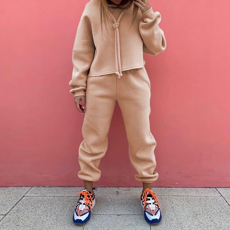 Sixsr  Fashion Loose Casual Hoodie Suit Two Piece Set Womens Tracksuits  Womens Solid Color Two Piece Sets Thick Warm Suits