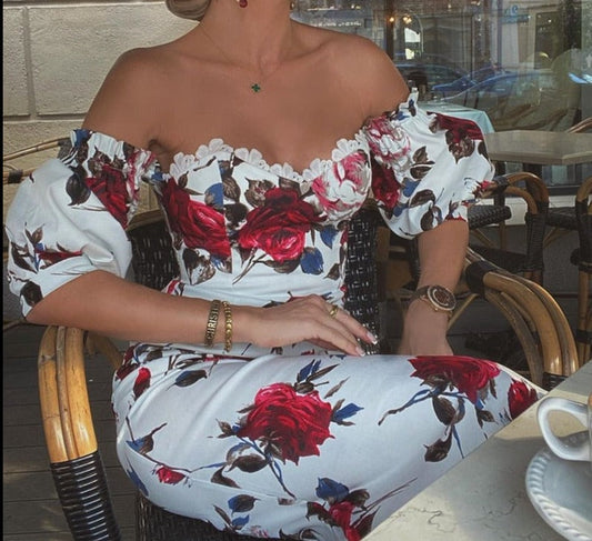 Sixsr Women Short Sleeve Floral Print Lace Trim Midi Dress Bodycon Sexy Party Dress
