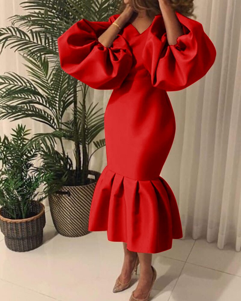Sixsr Women Party Dress V Neck Long Puff Sleeves Bodycon Sexy Event Occasion African Female Fashion Autumn Spring Robes Vestidos New