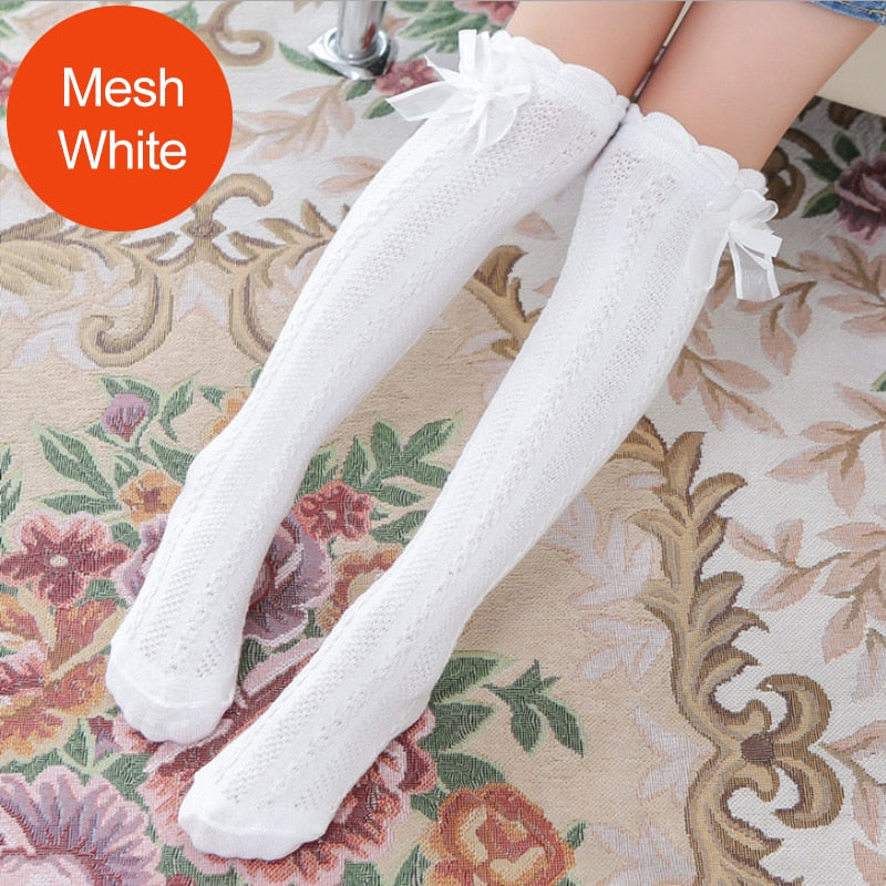 Spring Summer Girls Knee High Socks for Kids Children Bowknot Mesh Breathable Long Tall Socks White Gray Black Pink 3-12 Years
