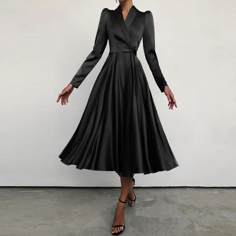 Sixsr Fashion Satin Party Dress Women Elegant Suit Collar Solid Midi Dresses Autumn Bandage Waisted Pleated Swing Vestidos(out of stock)