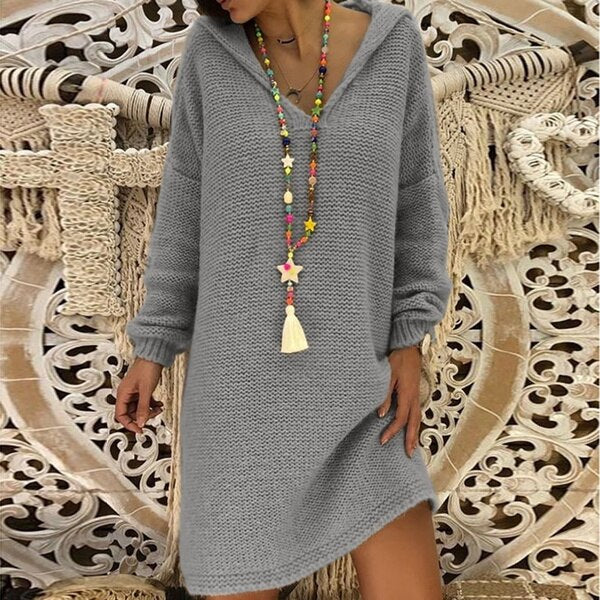 Sixsr Sweater Dress Women Hooded Collar Long Sleeve V-neck Pure Color Knitted Pullover Spring Autumn Oversize Sweaters Pullovers