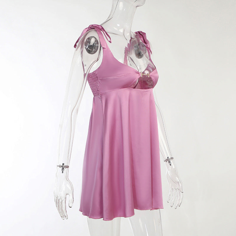 sixsr Women Clothing Sexy Temperament Commuter Solid Color Bandage One-neck Dress  Spring and Summer New French Satin Mini Skirt