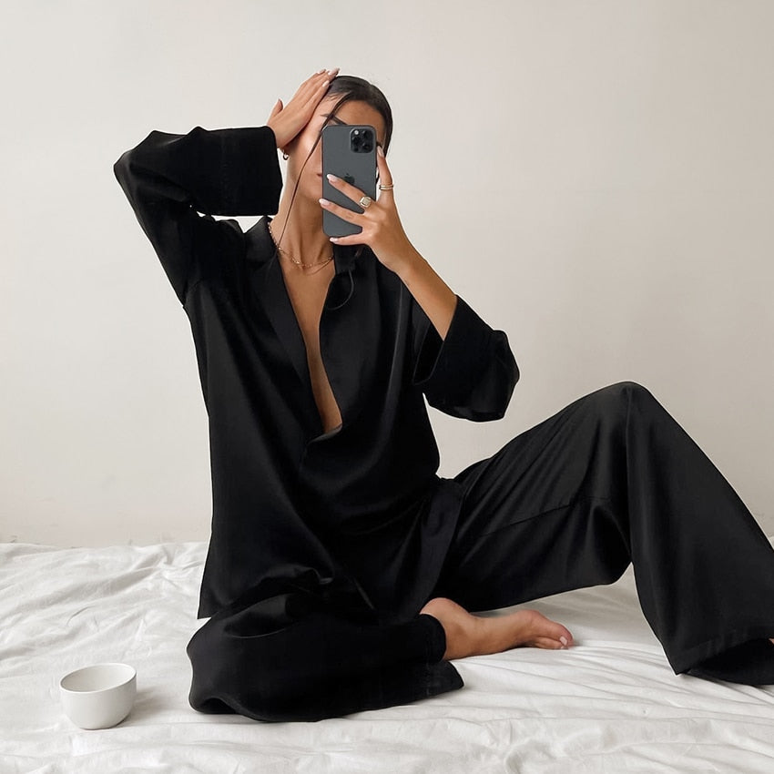 Sixsr Oversized Satin Silk Sleepwear Low Cut Sexy Pajamas For Women Single-Breasted Long Sleeves Wide Leg Pants Trouser Suits