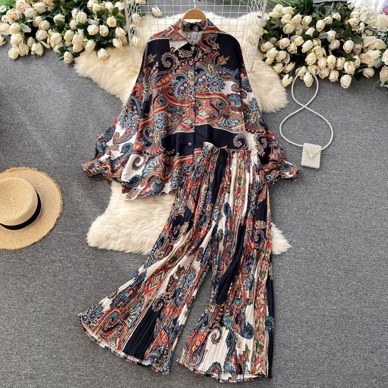 sixsr Women's Dress Spring Retro Print Casual Set Design Batwing Sleeve Single Breasted Blouse+High Waist Long Pants Two Piece Suits