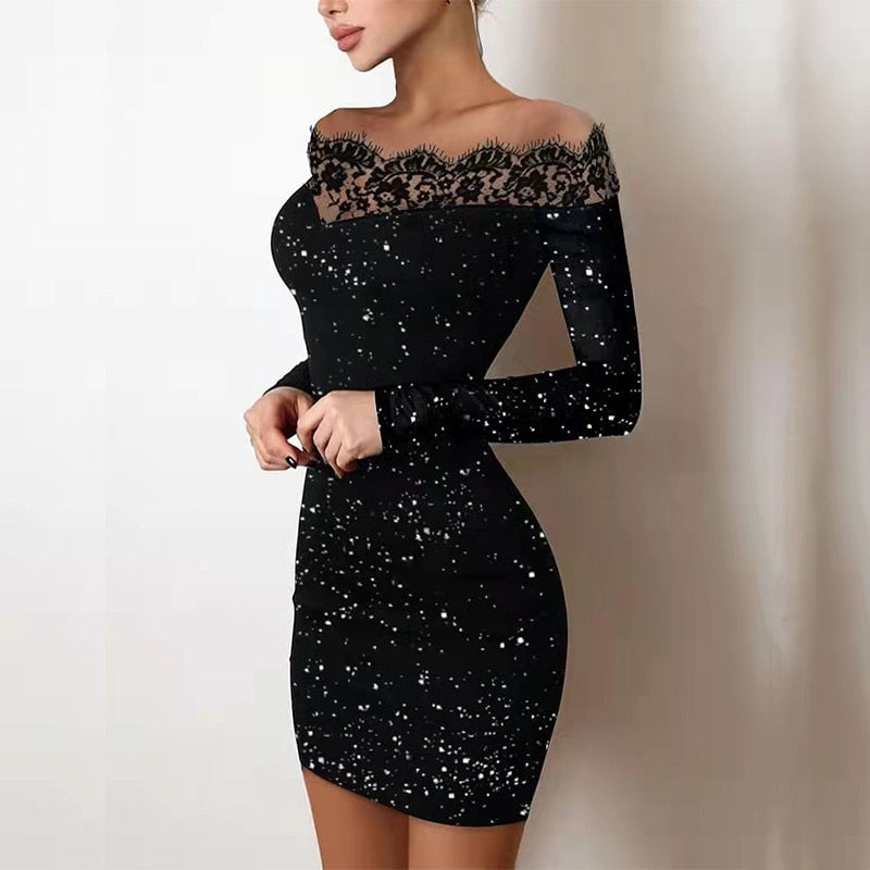 Sixsr Spring Off Shoulder Splicing Lace Dress Sexy Slim-Fit Bright Silk Bag Hip Black Dress Fashion Elegant Women New Mini Party Dress
