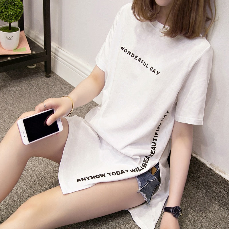 Sixsr Fashion Trends Plus size Wonderful Day Print Long T shirts Summer Women Loose Slit Femme Tops Cotton Tshirt Short sleeve Ladies t-shirt