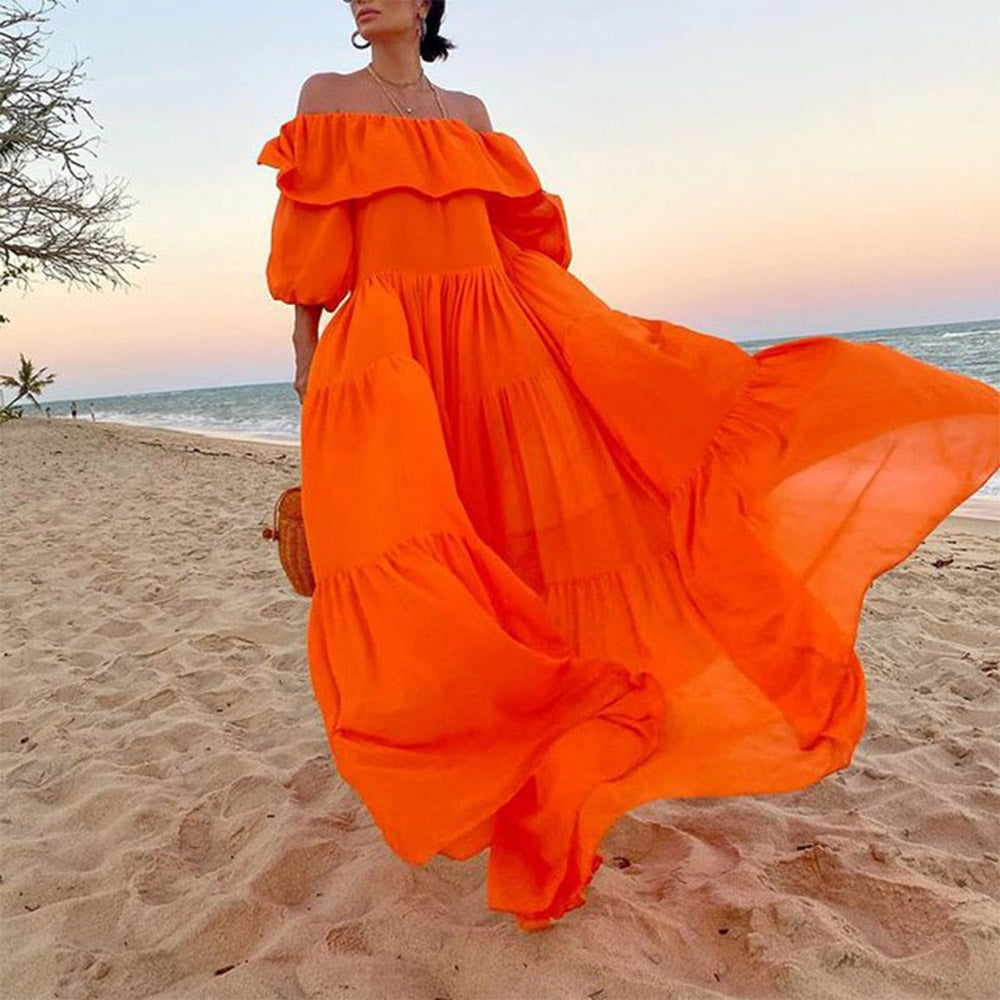 Sixsr yellow off shoulder ruffles pleated dress plus size women casual beach holiday slash neck layered summer long maxi dresses