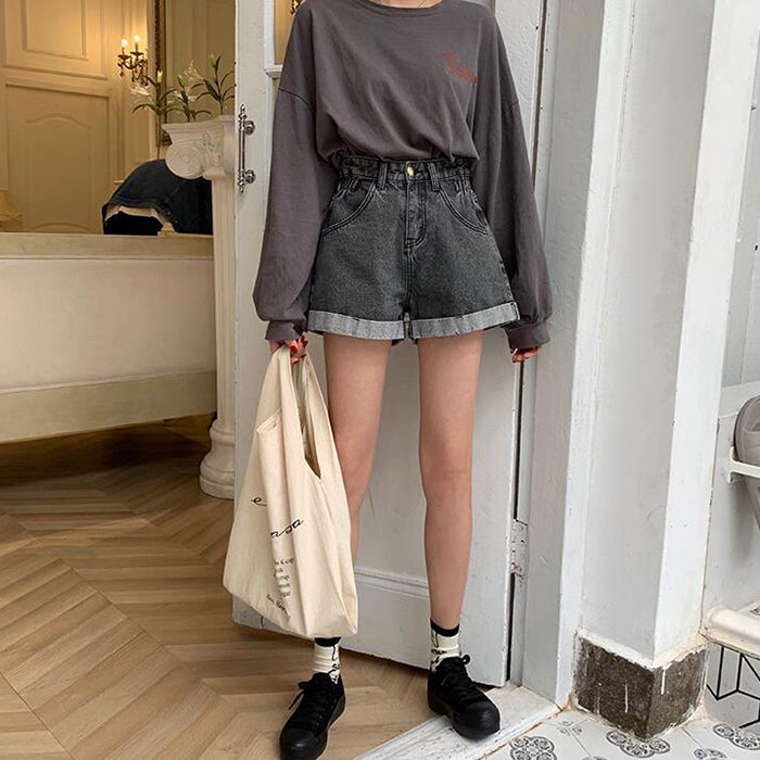 sixsr New Summer High Waist Denim Shorts Women Casual Loose Ladies Fashion Plus Size Elastic Waist Wide Leg Short Jeans Female