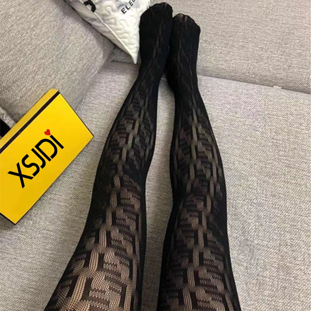 sixsr Women's Pantyhose Fishnet Stockings High Elastic Letter Fishnet Stockings Sexy Luxury High-end Stockings Mesh Hollow Tights