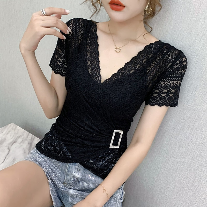 sixsr 5XL Women lace tops New Arrivals Summer short sleeve v-neck women blouse shirt Sexy Hollow out lace tops plus size blusas