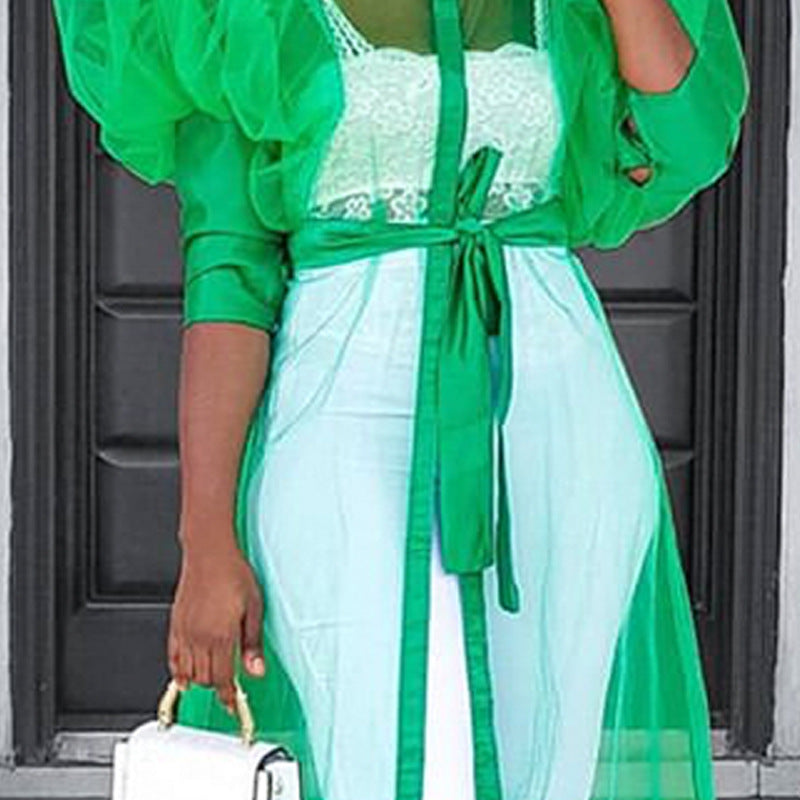 Sixsr African Women See Through Party Dresses Sexy Plus Size Maxi Cover Up Dress Lantern Sleeve Cardigan with Belt Fashion Spring