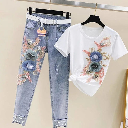 Sixsr One-Piece/Set  Summer New Women Denim Pants Beaded Embroidery Short-Sleeved + Small Feet Hole Jeans Female Two-Piece Suit425