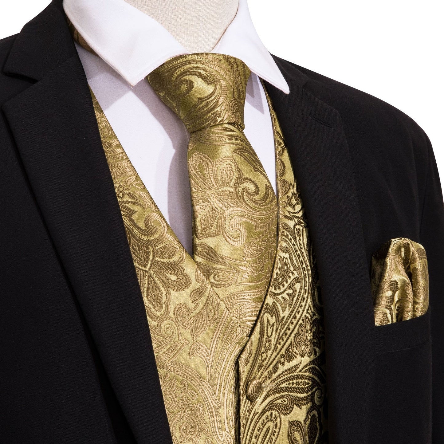 Sixsr 4PC Mens Extra Silk Vest Party Wedding Gold Paisley Solid Floral Waistcoat Vest Pocket Square Tie Suit Set Barry.Wang BM-2017