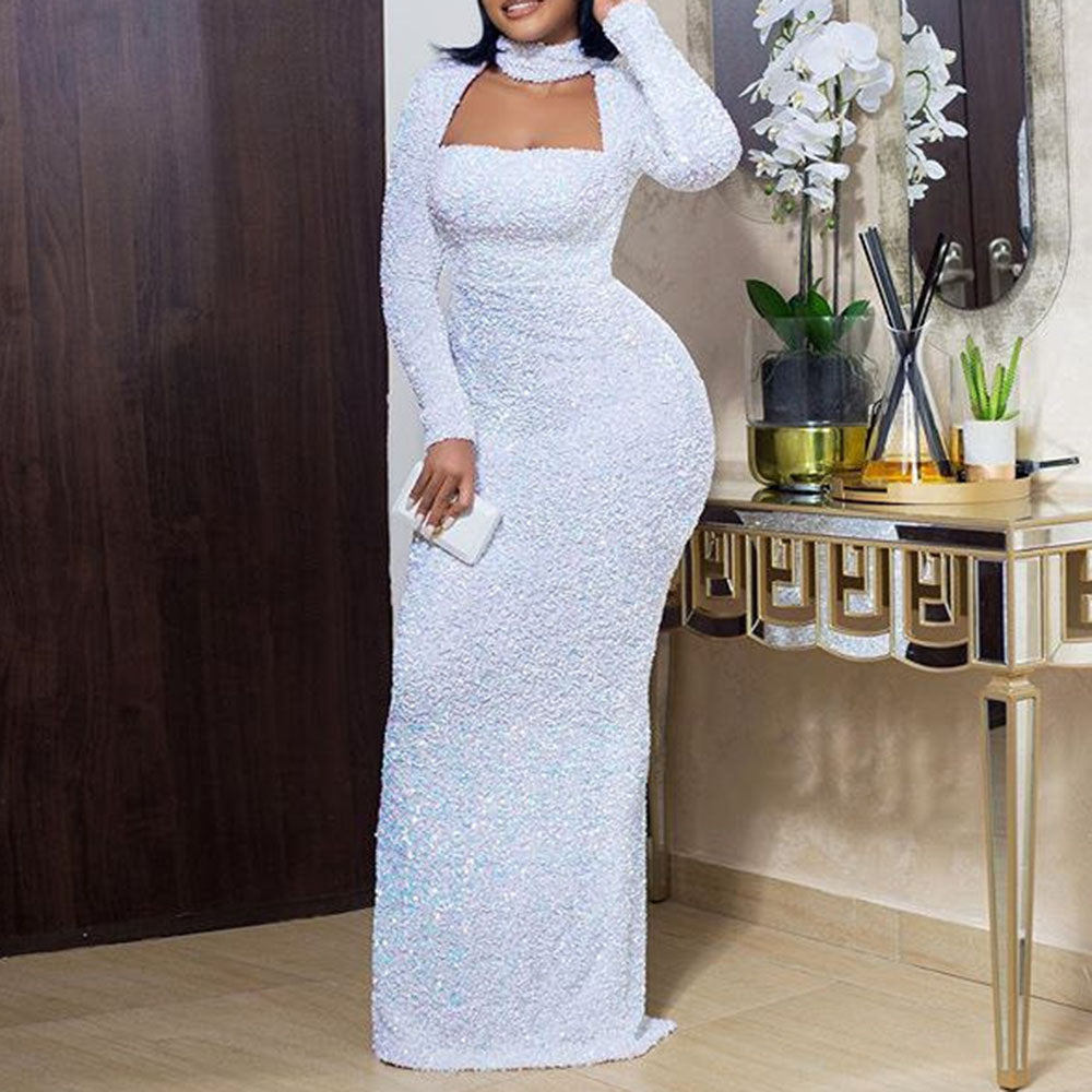 sixsr Elegant Evening White Dress Long For Women Party Club Sexy Hollow Turtleneck Autumn Plus Size Bodycon Maxi Dresses Wedding