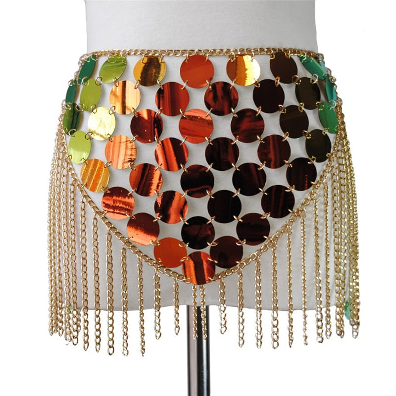 Sixsr Trends Fashion Gradient Color Shiny Sequins Dots Two Piece Set Low Cut Backless Sleeveless Crop Tops Tassel Mini Skirt Sexy Beach Outfits