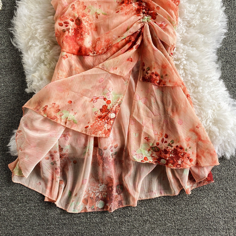 Vintage V-Neck Printed Chiffon Drawstring Mermaid Midi Dress Women Elegant High Waist Ruffle Vestidos Fashion Spring Summer