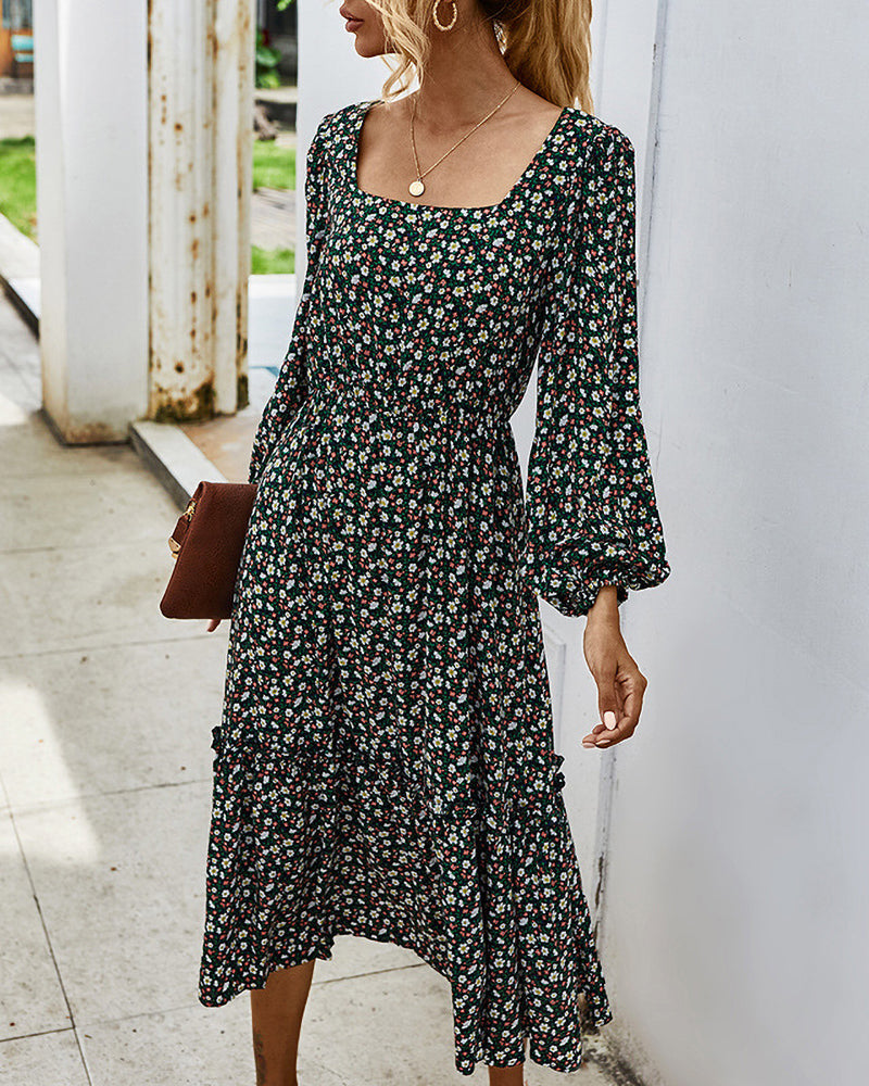 sixsr Women Long Dress Autumn Winter Long Sleeve Elegant Ladies Flower Square Collar Dresses Party Black Clothes For Woman