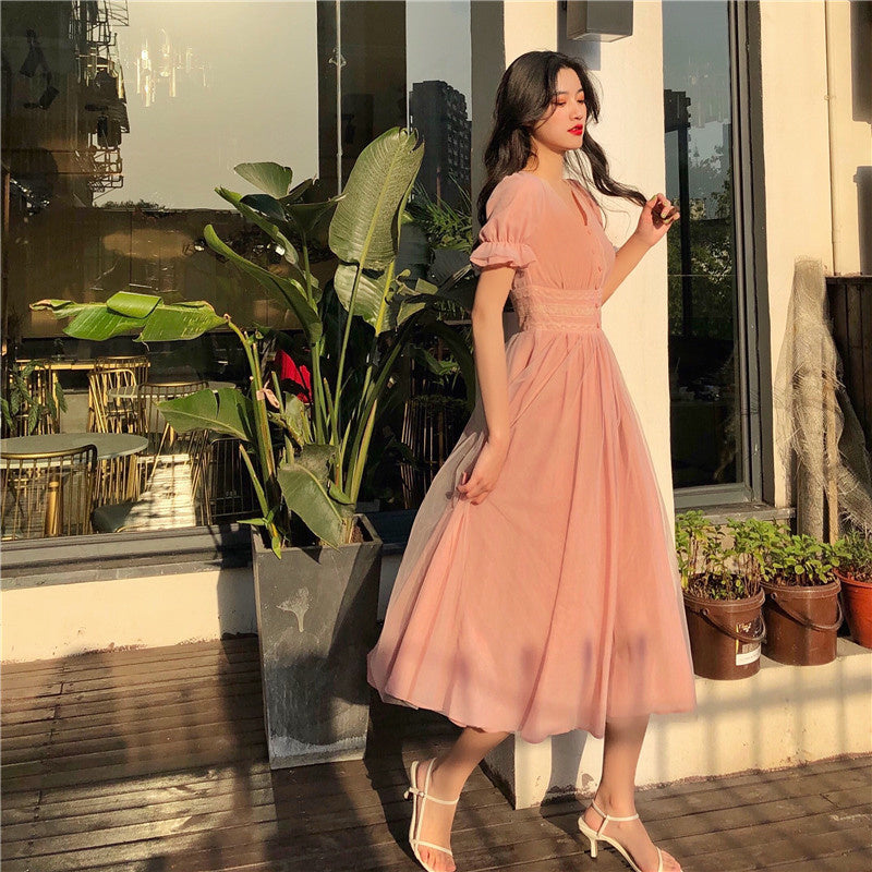 Sixsr Summer Mesh Dress Women Puff Sleeve V-neck A-line Slim Korean Style Mesh Retro DressElegant Vintage Vestidos Female News