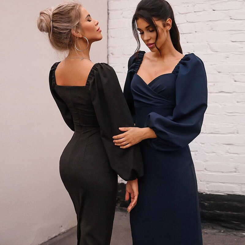 sixsr Midi Night Dress Women Long Puff Sleeve A-LINE Ruffled Backless Bodycon Sexy Dress Autumn Winter Elegant Office Lady Prom
