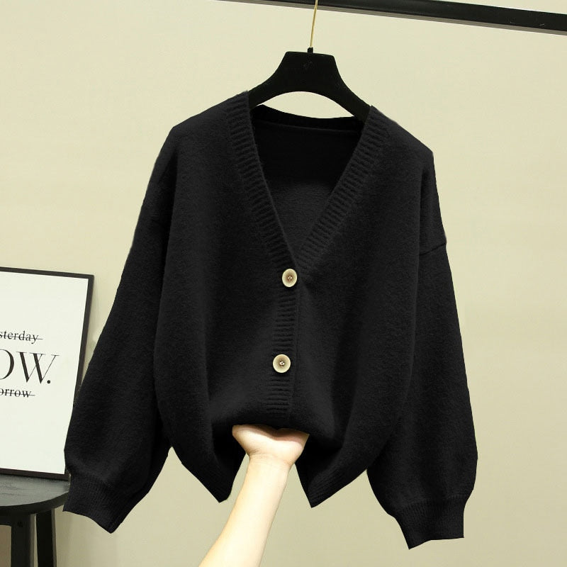 Sixsr Oversized Cardigan Women Spring Casual Solid V Neck Long Sleeve Cardigan Sweater Female Knit Jacket Coat Green Pink
