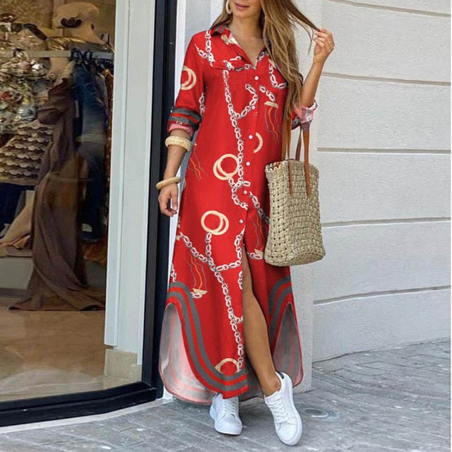 Sixsr Fashion Women Long Sleeve Shirt Dress Autumn Printed OL Long Dresses Laides Turn-down Collar Loose Sundress Party Dresses