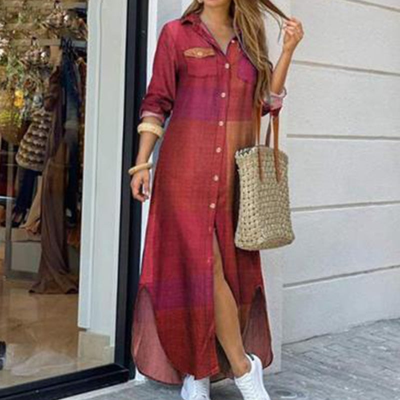 Sixsr Fashion Women Long Sleeve Shirt Dress Autumn Printed OL Long Dresses Laides Turn-down Collar Loose Sundress Party Dresses