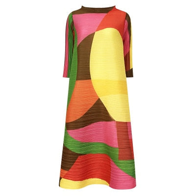 sixsr Pleated Dress Women Hit Color Geometric With Belt Sashes Over Size Long Sweet Casual New Spring Fashion Tide