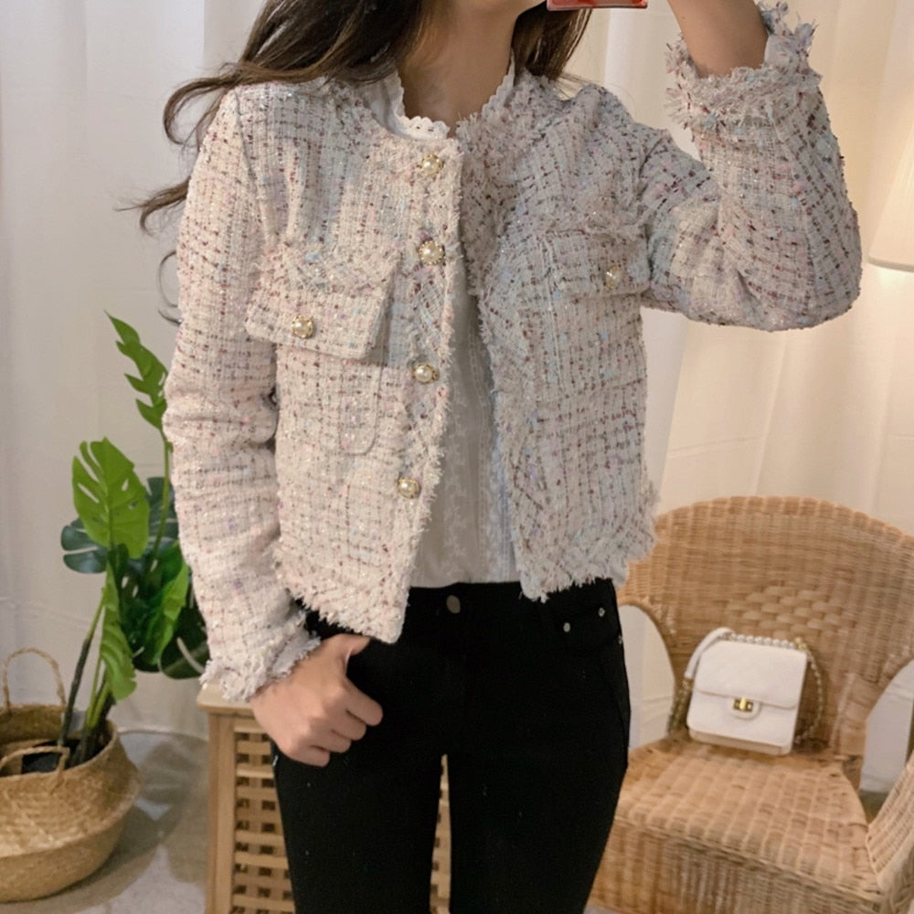 sixsr  Trends New Autumn Women Single-Breasted Tweed Jacket High Quality Female Elegant Korean Chic Short Coat