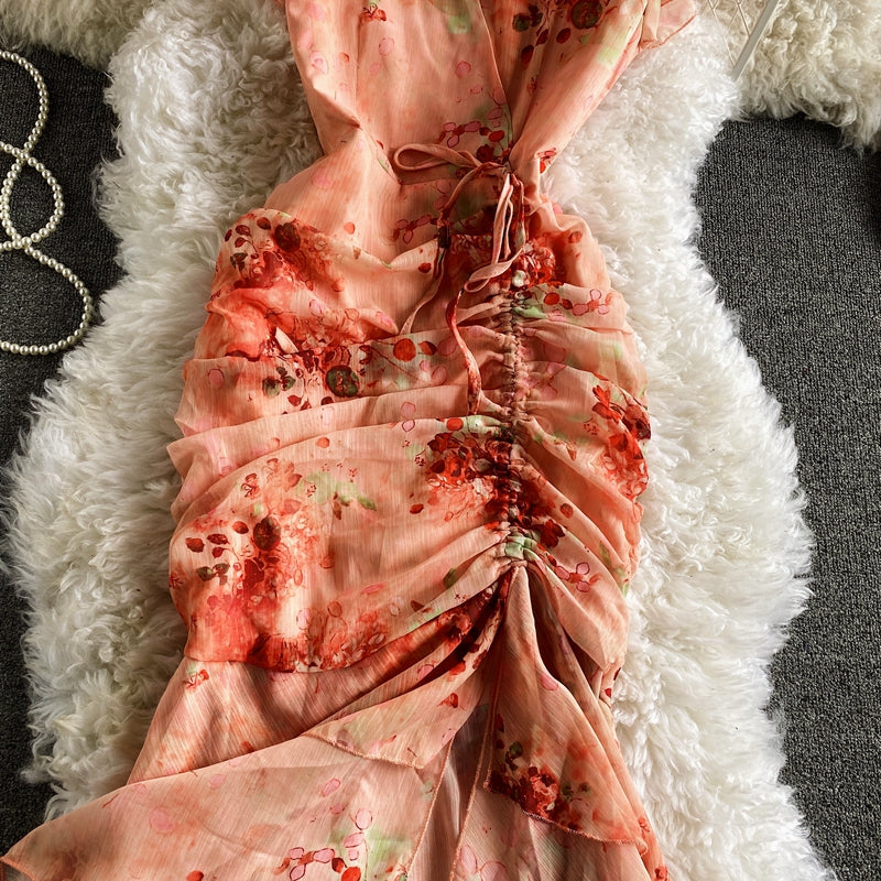 Vintage V-Neck Printed Chiffon Drawstring Mermaid Midi Dress Women Elegant High Waist Ruffle Vestidos Fashion Spring Summer