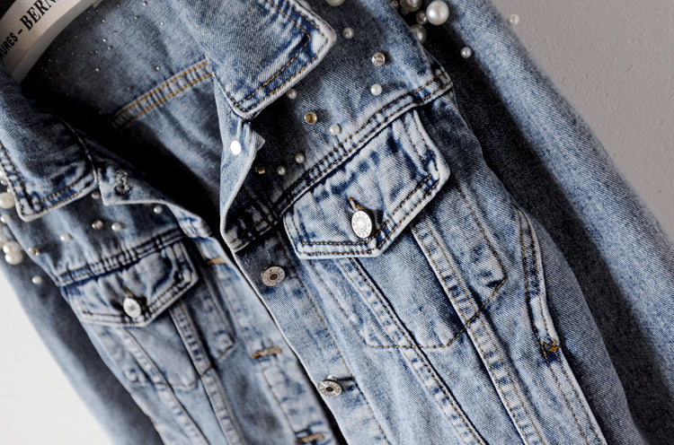 Sixsr Denim Jacket Women New Autumn Women's Jean Jackets Pearl Casual Denim Jacket Women Coat Long Sleeve Outerwear