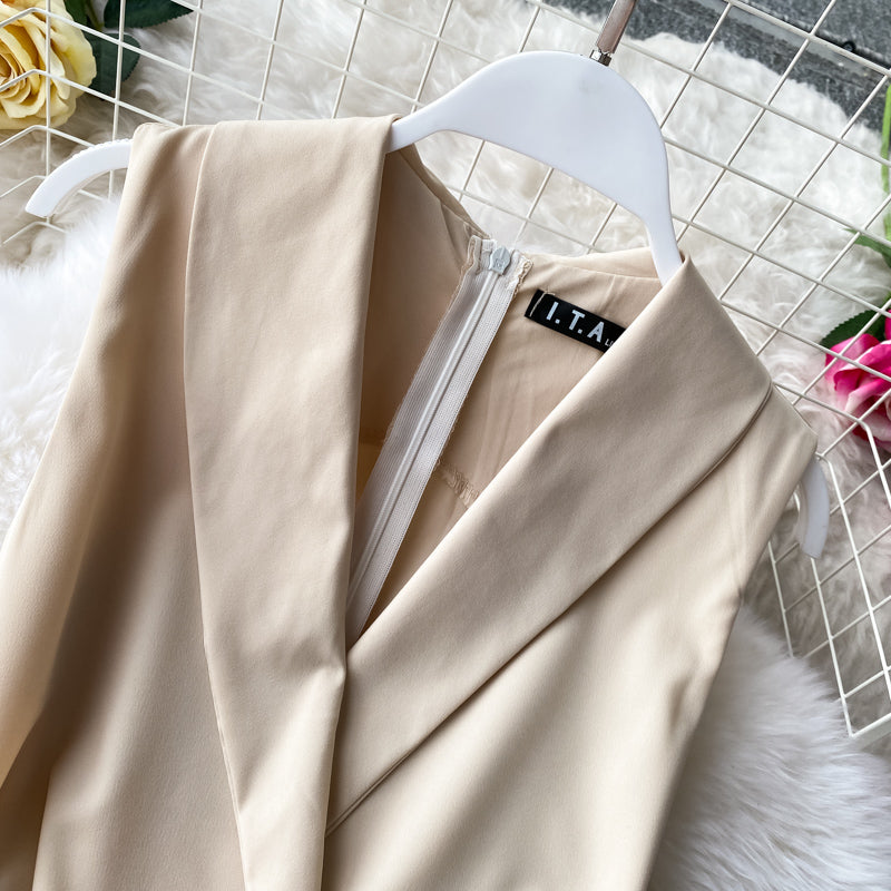 Vintage Notched Collar Draped Rompers For Women Casual Sleeveless High Waist Wide Leg Playsuits Female Beige/Green Jumpsuit