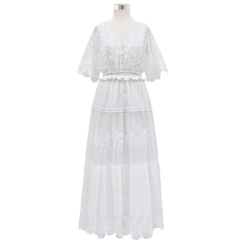 Sixsr Hollow Out White Dress Sexy Women Long Lace Dress Cross Semi-Sheer Plunge V-Neck Short Sleeve Lace Maxi Dress