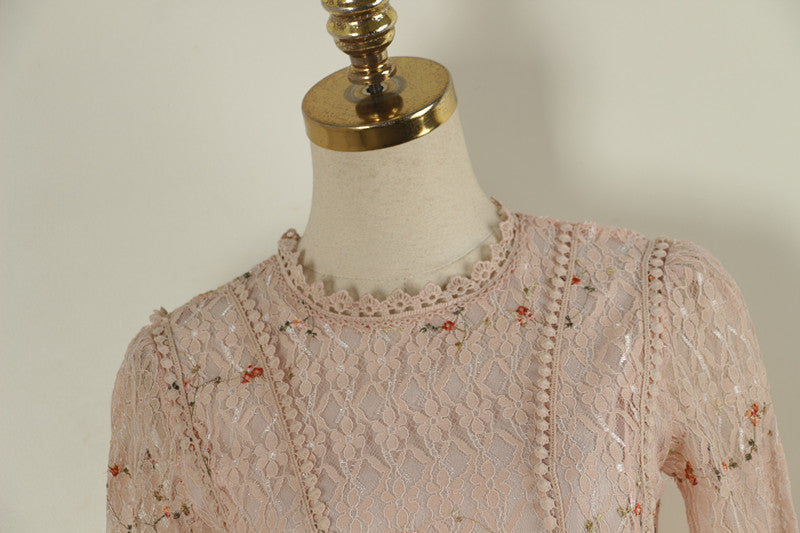sixsr Pink Lace Embroidery Maxi Dress Female spring Winter Full sleeve high waist Ruffle elegant Long party dresses Woman