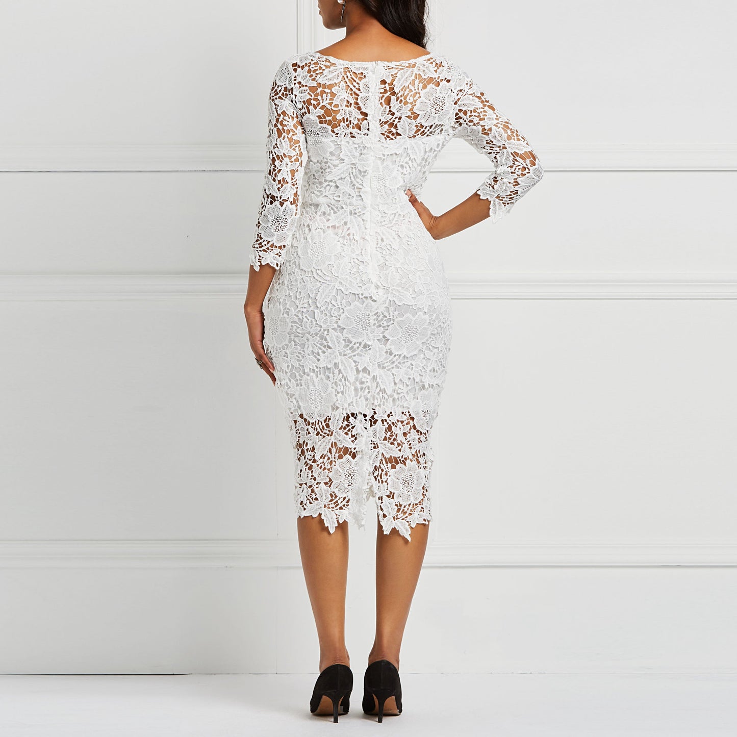 Sixsr Evening Party Date Women White See Through Hollow Out Floral Lace Bodycon Dress Office Lady Spring Summer Work Basic Dresses