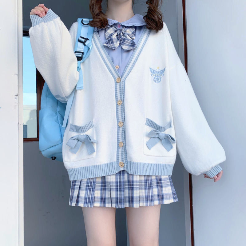 Sixsr  Spring Japanese Kawaii Fashion Pink Cardigan Women Harajuku Knitted Sweater Cute Bow Heart Korean College Style JK Uniform Coat